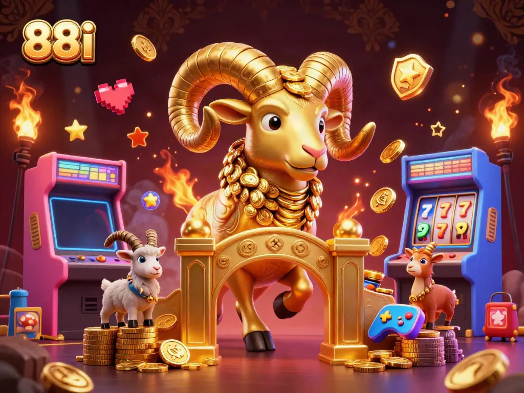 Experience the excitement of 88i with a vibrant illustration featuring a golden ram and dynamic gaming elements.