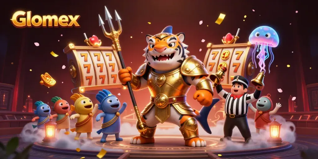 Engage with Glomex's vibrant casino scene featuring a tiger shark gladiator and slot reels.