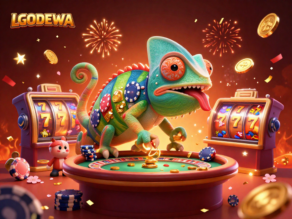 Play exciting slots at LGODEWA with an illustrated chameleon casino owner and vibrant game elements.