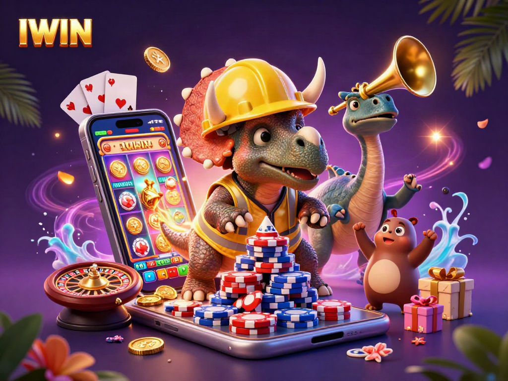 IWIN and friends celebrate victory while playing various casino games and reveling in a dynamic gambling scene.