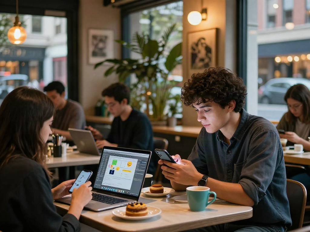 Engaged couple using sexting ai on smartphones in a cozy cafe
