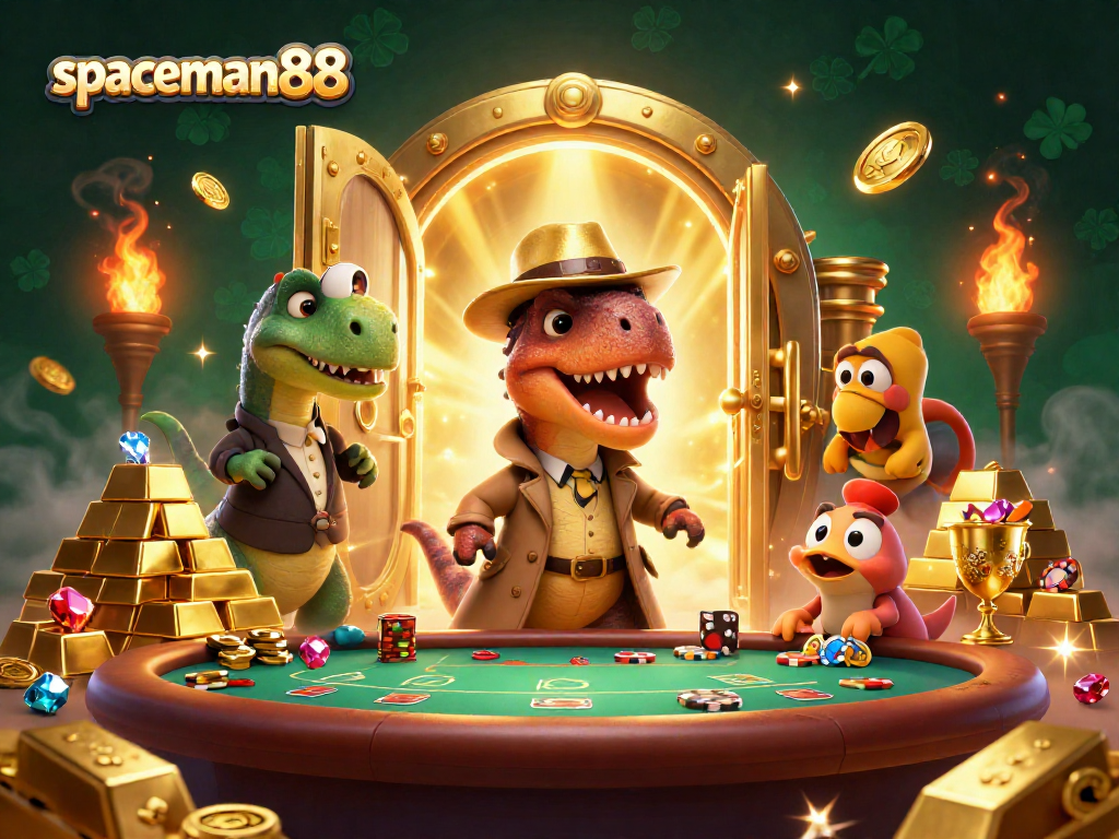 Experience the excitement with spaceman88 as animated characters engage in dynamic blackjack action amidst golden treasures.
