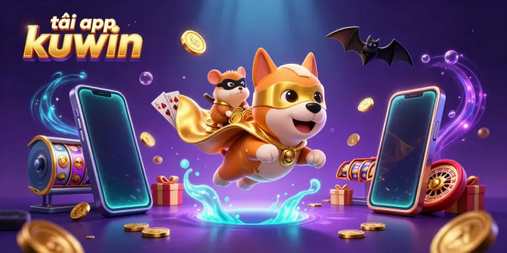 Experience the excitement of tải app kuwin with our fun-filled gaming illustration featuring a superhero dog and hamster.