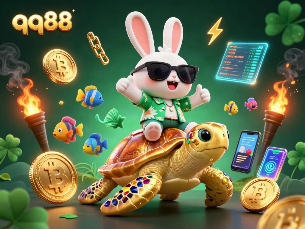 Engage with qq88 by joining the lucky rabbit and turtle in a vibrant casino scene.
