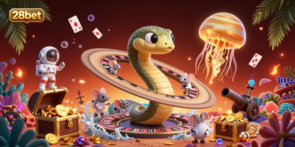Bets on the vibrant 28bet roulette wheel with astronaut mice and a cosmic dealer, showcasing a dynamic casino scene.