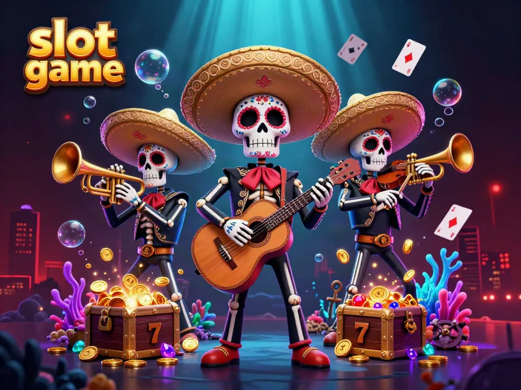 Menghasilkan kemenangan dalam permainan slot game dengan kemeriahan band mariachi tengkorak, dikelilingi oleh simbol slot yang berkilauan.