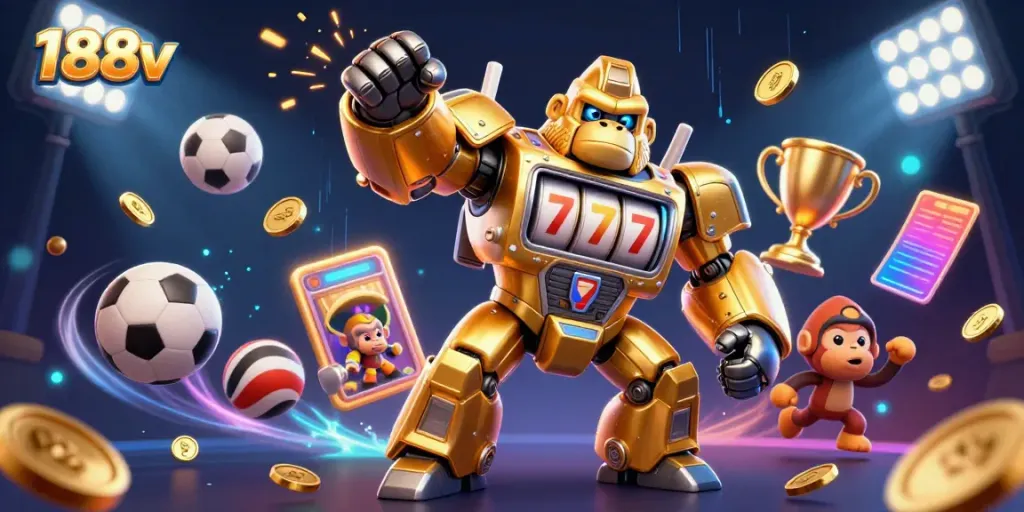Watch the golden gorilla mech of 188v punching upwards amid a rich gaming scene.