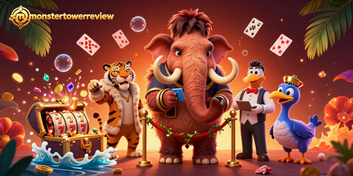Experience excitement with monstertowerreview as a woolly mammoth checks IDs at a vibrant casino scene.