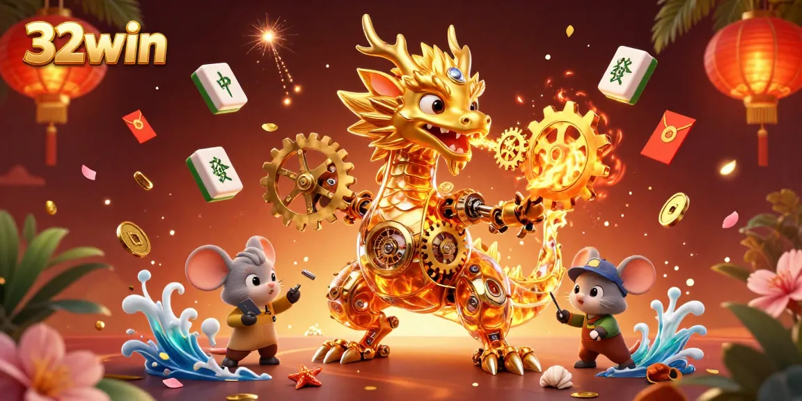 Engage with 32win's thrilling gaming atmosphere featuring a golden dragon and vibrant casino elements.