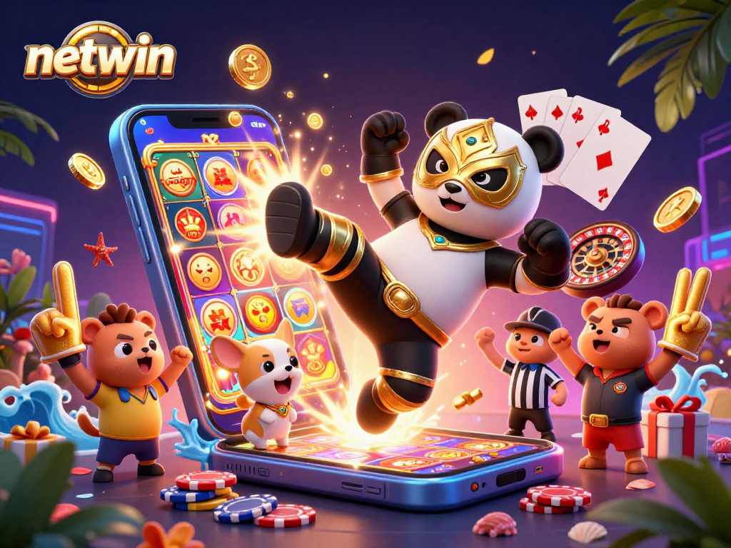 Experience thrilling slots and games with netwin in this dynamic cartoon scene featuring a wrestler panda.
