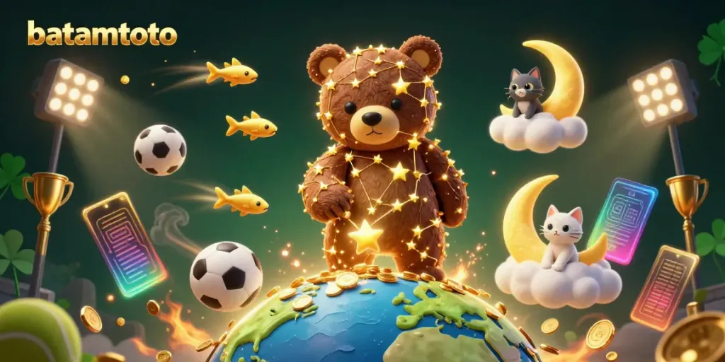 Engaging batamtoto scene featuring a constellation bear and dynamic sports elements, perfect for online gambling.