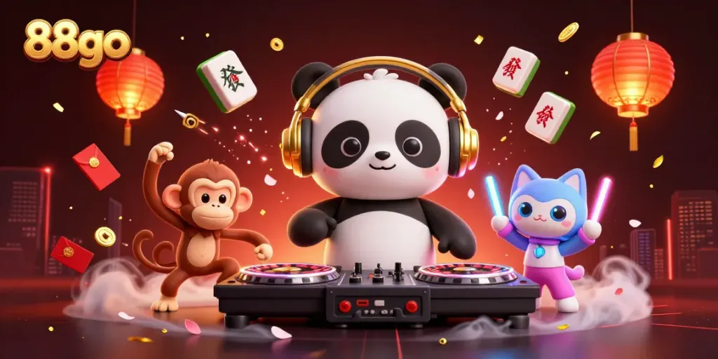 Engage with the vibrant 88go scene featuring a DJ panda and a breakdancing monkey under festive lights.