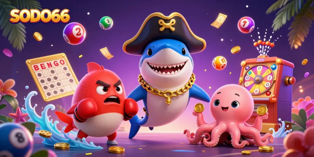 SODO66 presents an engaging casino scene with a pirate shark, pufferfish, and octopus amid vibrant gaming elements.
