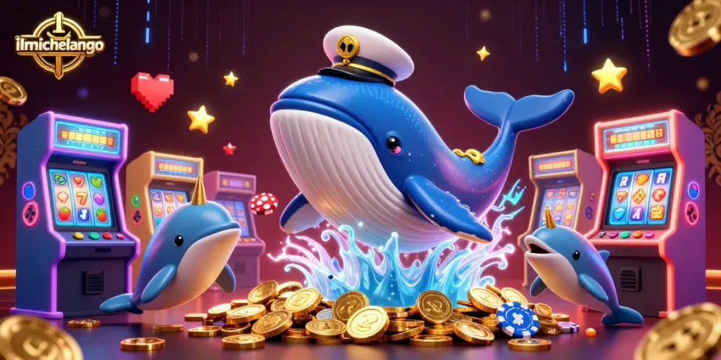 Engage with the festive ambiance of ilmichelangelo's thrilling casino scene featuring a whale and playful dolphins.