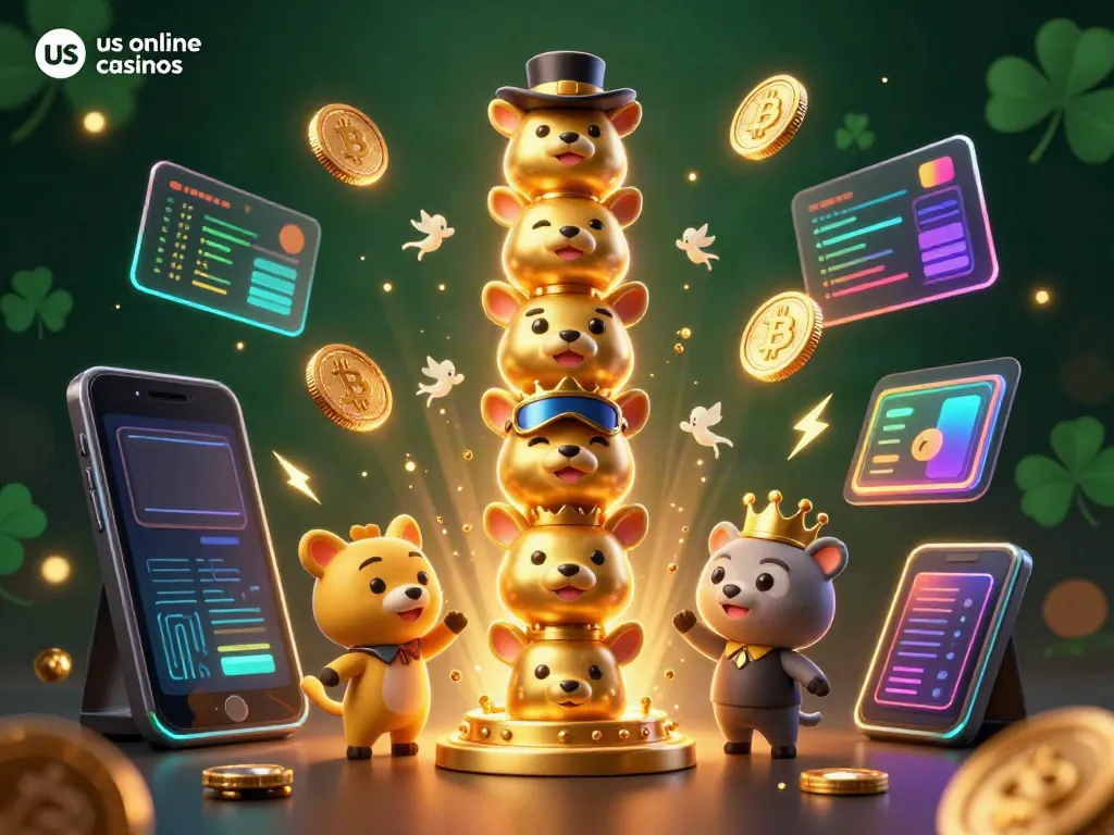 Experience the excitement of us online casinos with a vibrant 3D illustration featuring unique totem pole characters and crypto elements.