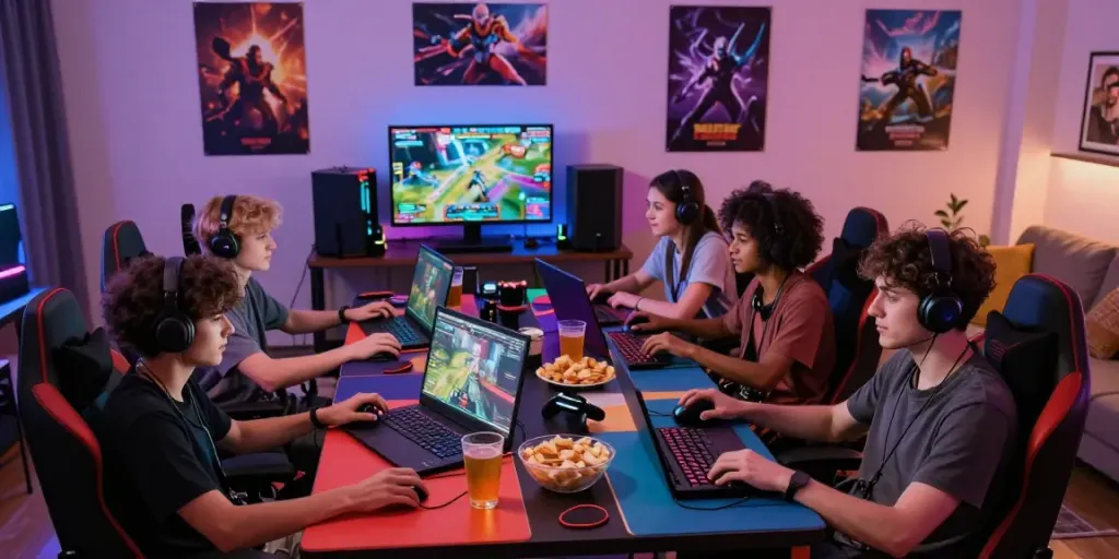 DIANA4D: Lingkungan bermain game online yang seru dengan teman-teman di sekitar meja gaming.