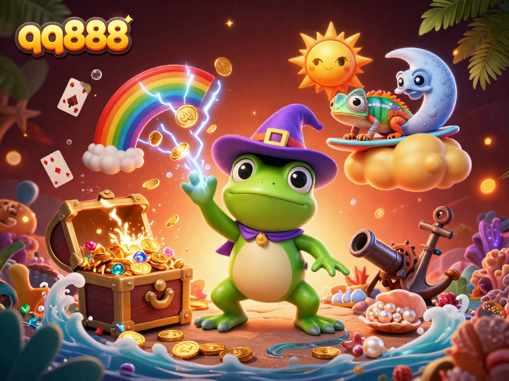 Experience thrilling wins at qq888 with a dynamic scene of a weather wizard frog amidst a treasure storm.