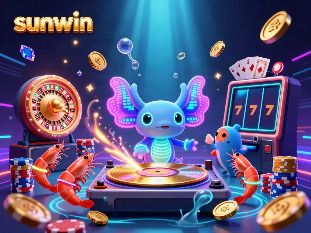 Join the fun with sunwin's vibrant underwater casino featuring an axolotl DJ and lively shrimp dancers amidst a flurry of gold coins.