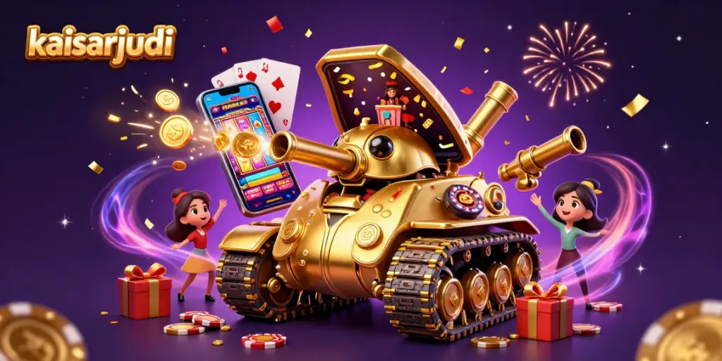 Experience kaisarjudi in a vibrant 3D casino scene filled with animated slot games and festive decorations.