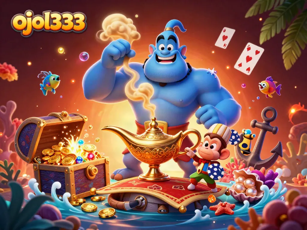 Immerse yourself in the vibrant world of ojol333 as the cartoon genie unleashes a cascade of poker chips and jewels.