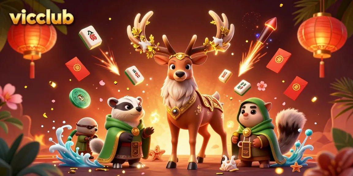 Engage with vicclub's vibrant casino illustration showcasing a Celtic druid stag and rich game elements.