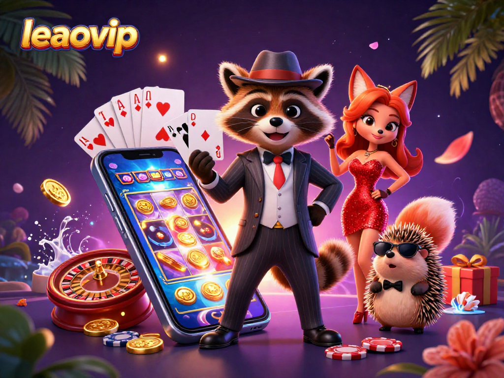 Experience the thrill of leaovip with a suave gambler and companions in an action-packed casino scene.