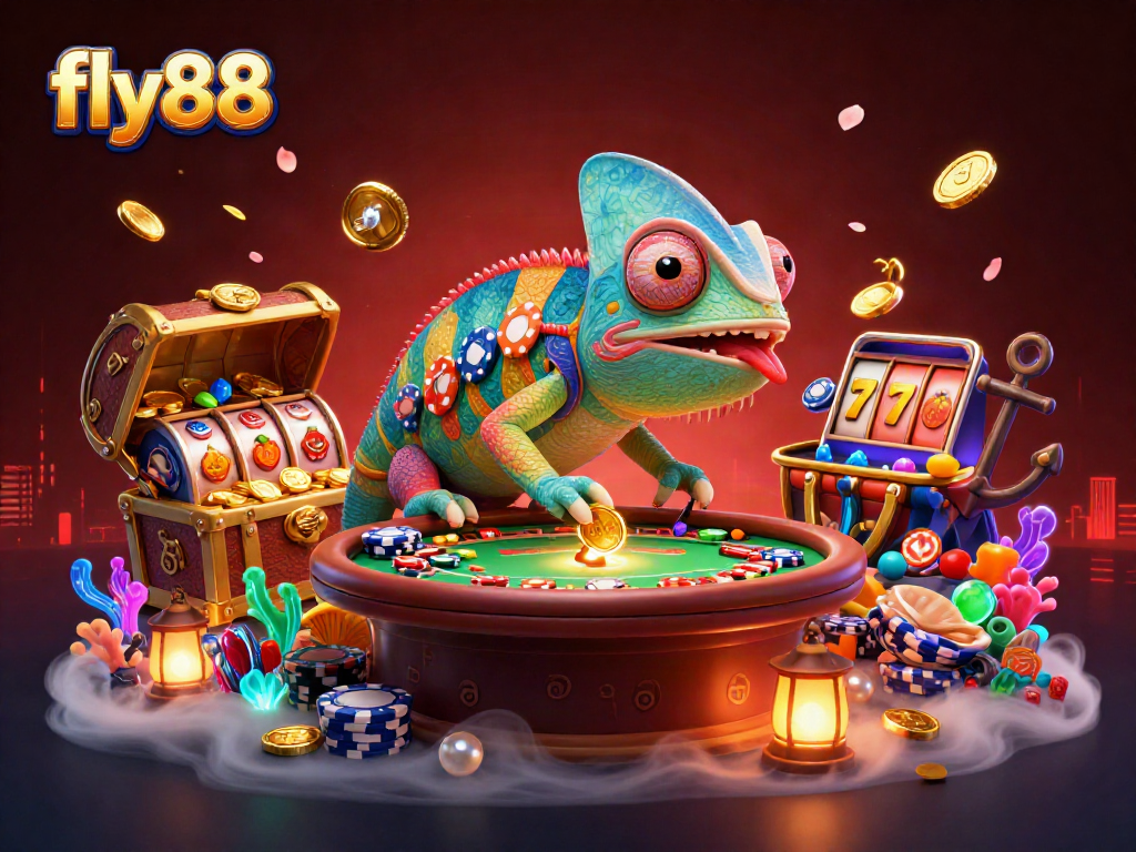 Play at fly88 with a vibrant casino scene featuring a chameleon owner and exciting slot elements.