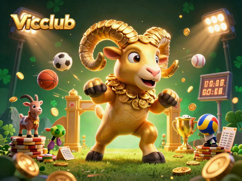 Engage with vicclub's thrilling bet with a gold ram, sports balls, and a trophy in a 3D scene.