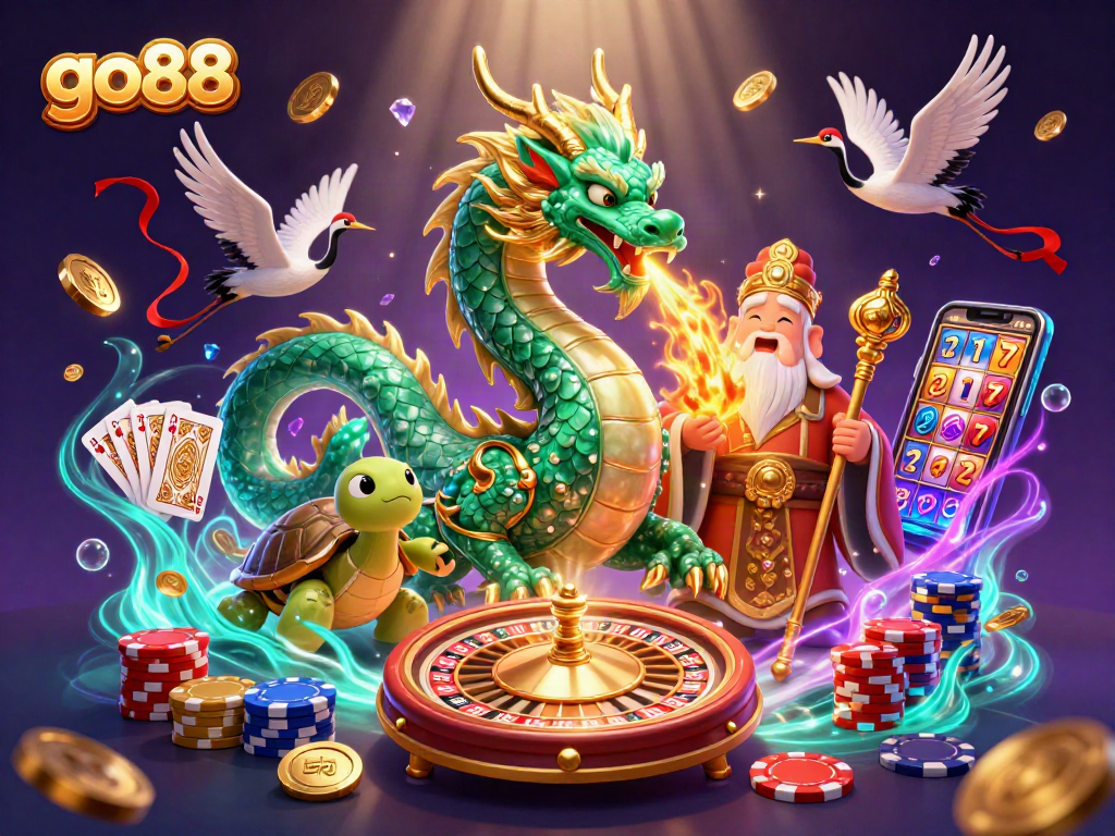 Experience the excitement of go88 as the emerald dragon breathes fire amidst cascading coins and vibrant casino elements.