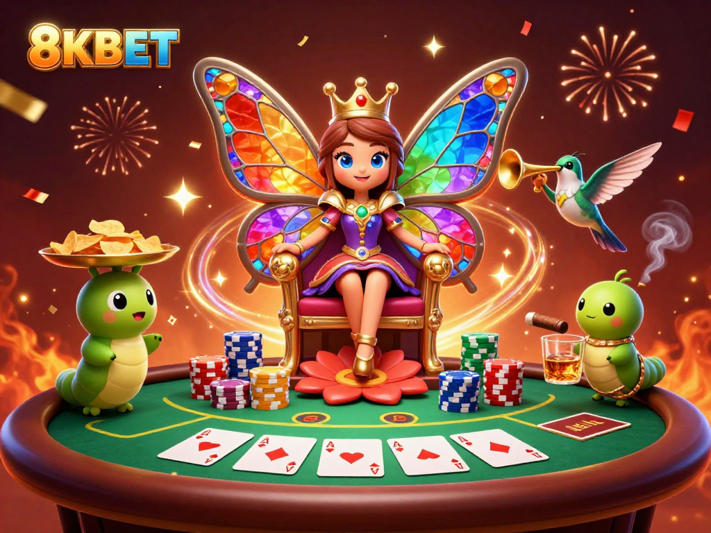 Engage with 8KBET's vibrant casino atmosphere, featuring the butterfly queen and poker elements.