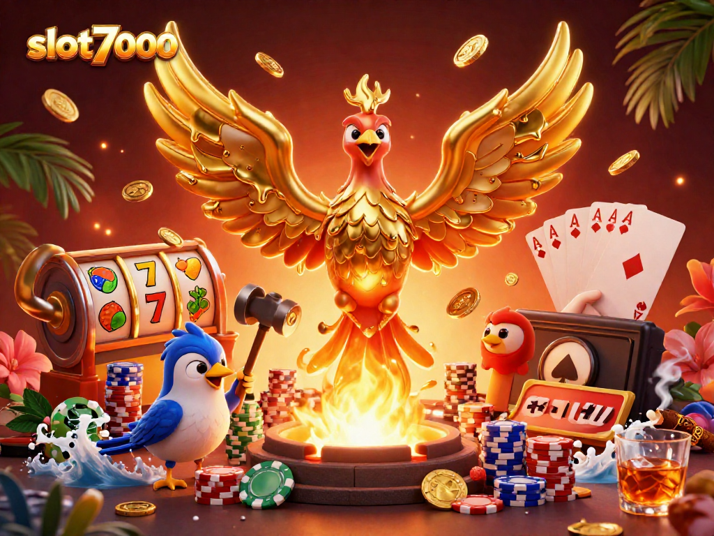 Experience slot7000 with a dynamic 3D illustration featuring a molten golden phoenix and casino elements
