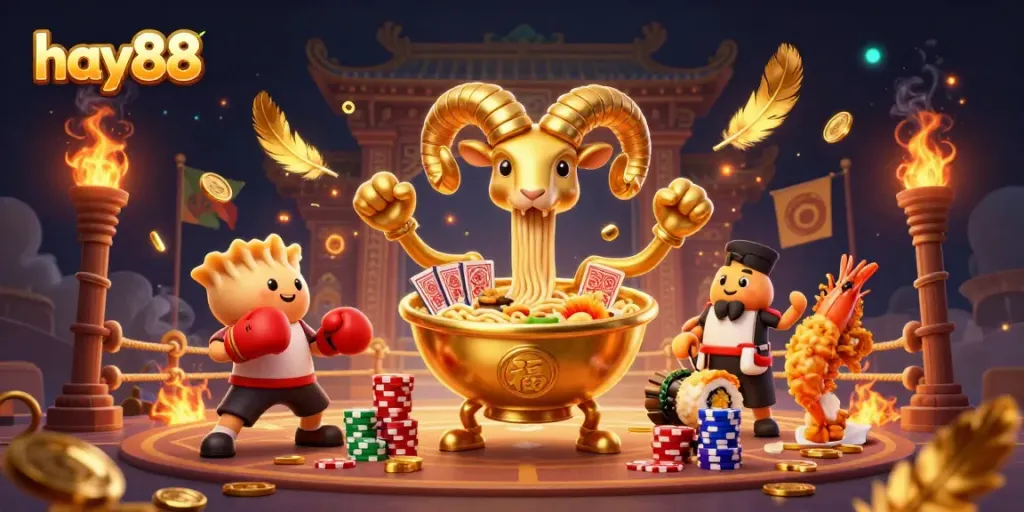 Experience a thrilling game at hay88 with a vibrant 3D scene featuring unique cartoon characters and exciting casino elements.