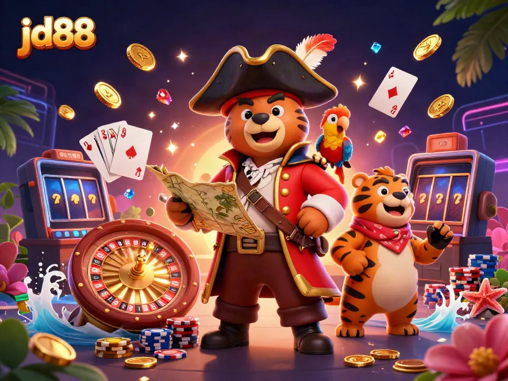 Experience gaming excitement at JD88 with dynamic casino characters surrounded by golden coins and roulette.