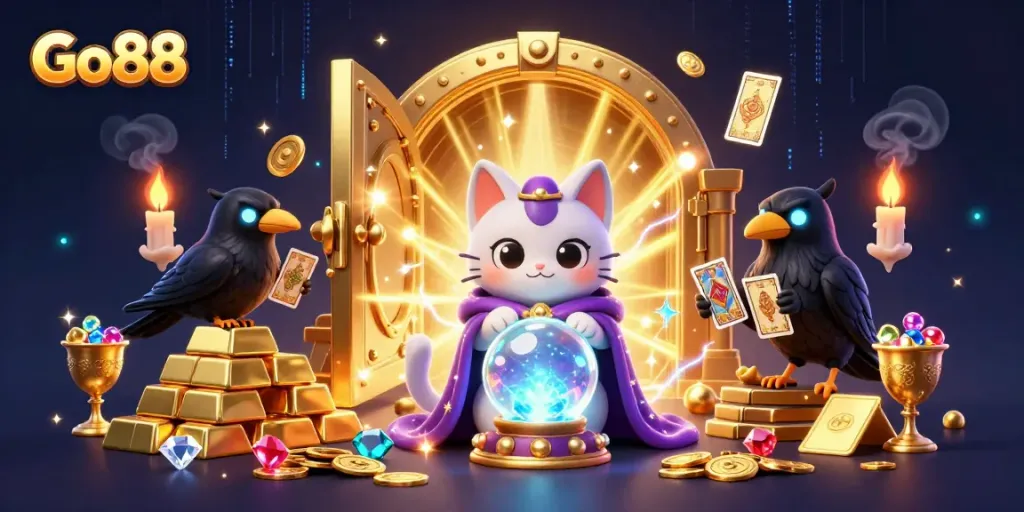 Engaging Go88 gaming scene with a mystical cat, raven, and treasure elements enhancing the online casino experience.