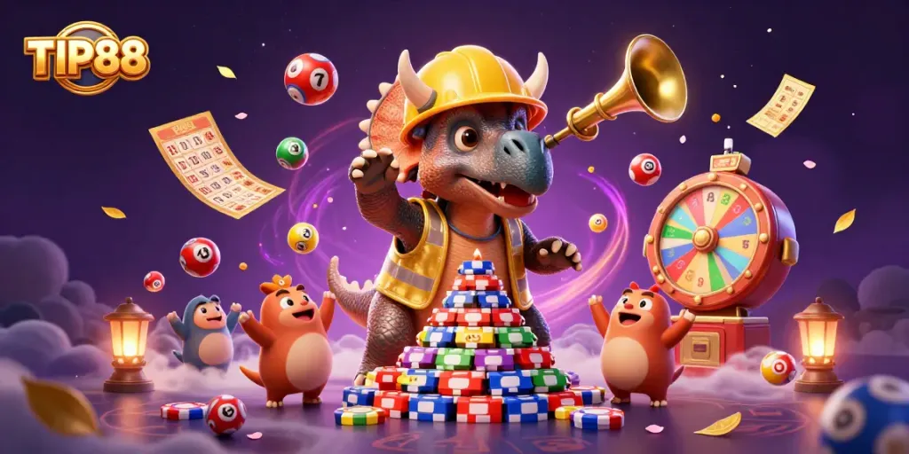 Experience thrilling gameplay with TIP88 as animated characters celebrate amidst vibrant casino elements.
