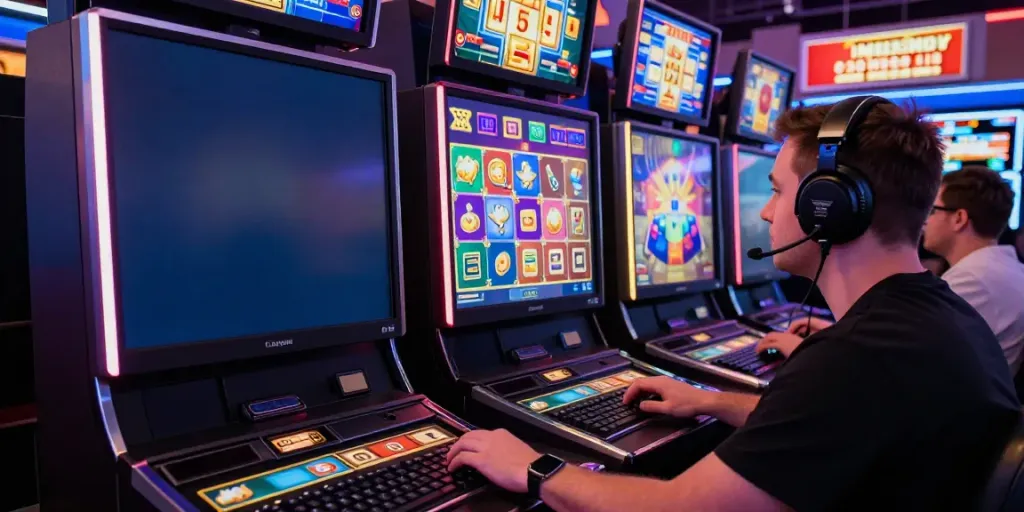 Engaged player at King999 online slot game, showcasing vibrant graphics and modern setup.
