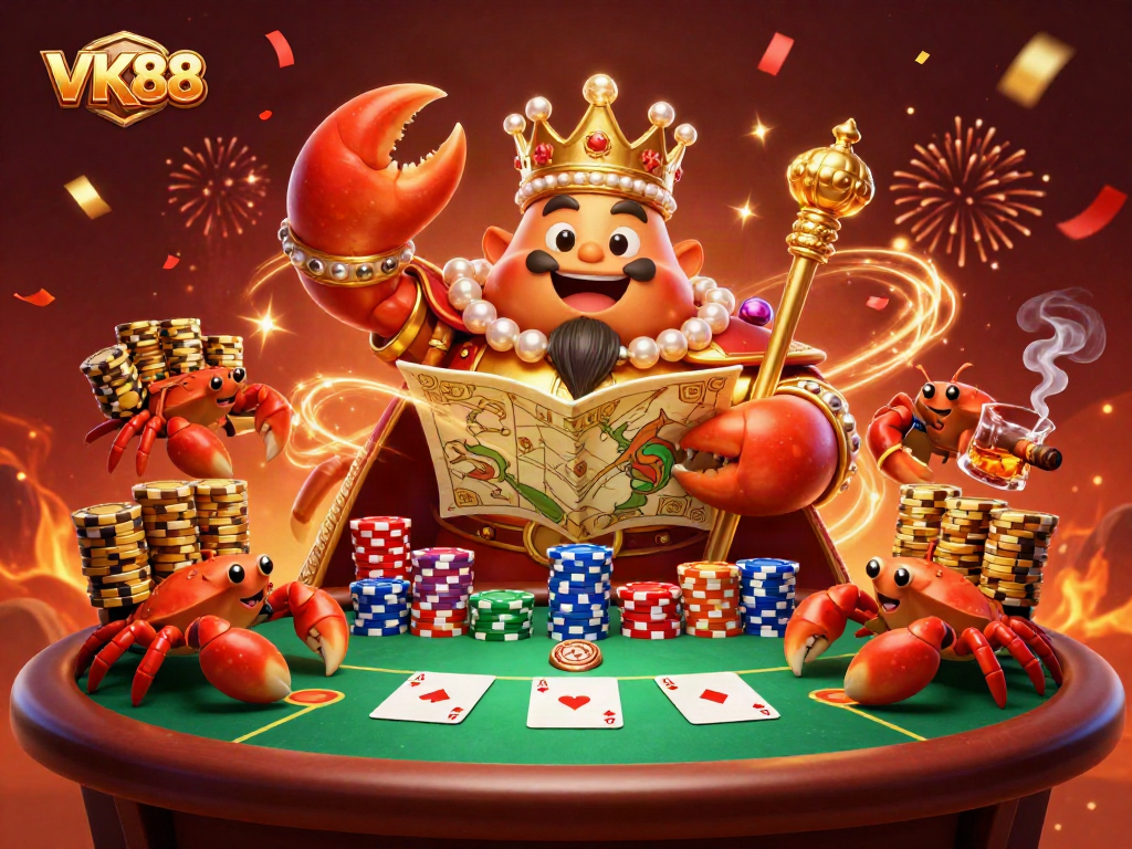 VK88 creates excitement at a vibrant poker table surrounded by golden crab emperor and treasures.