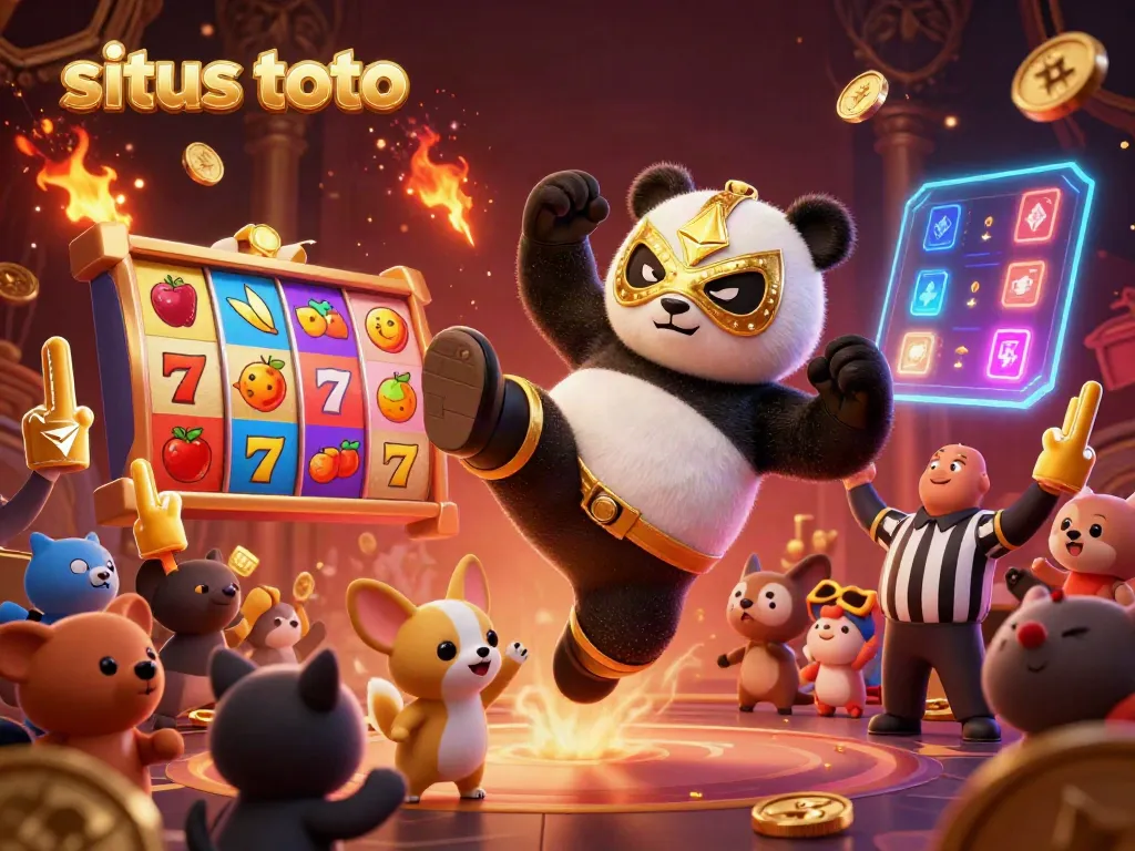 Exciting slots action with situs toto characters including a panda and chihuahua amid a vibrant casino scene.