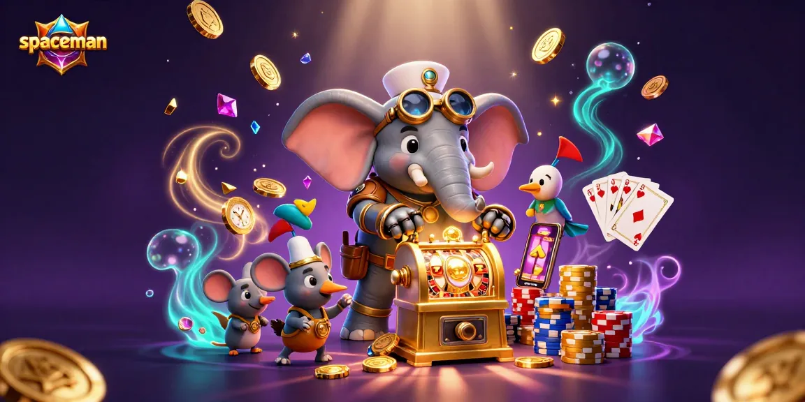 Spaceman character engaging with a dynamic golden slot machine, surrounded by casino treasures and action.