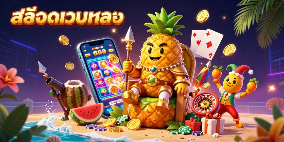 Spin vibrant slot games with สล็อตเว็บตรง showcased by a golden pineapple king on a dynamic casino beach scene.