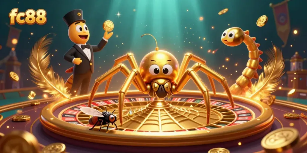 Engaging scene with fc88 as a golden spider spins a roulette web while betting unfolds.