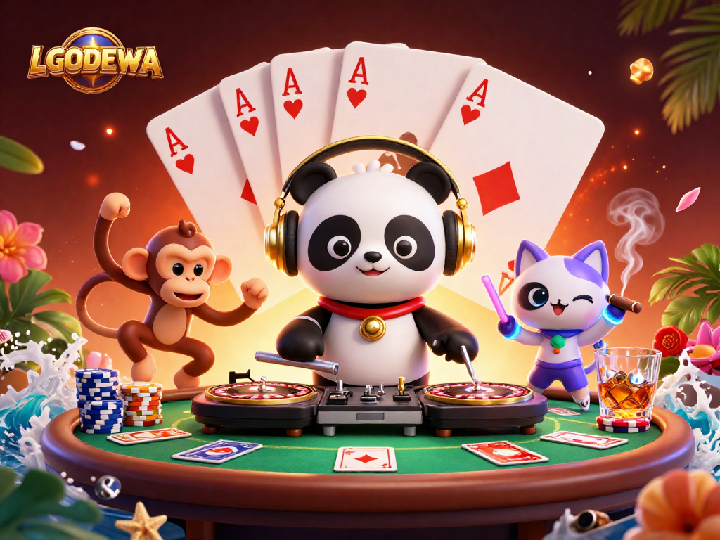 Engage with LGODEWA's vibrant casino scene featuring a DJ panda and lively monkeys.