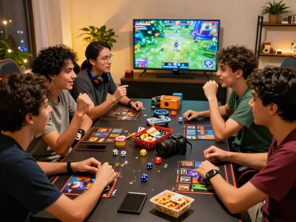 Friends enjoying kebuntoto gaming session with snacks and colorful accessories