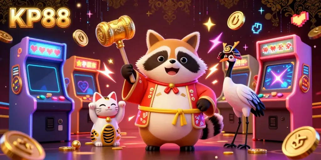 Engage with KP88's vibrant casino experience featuring cheerful tanuki, cranes, and fortune cats in a lively gaming scene.