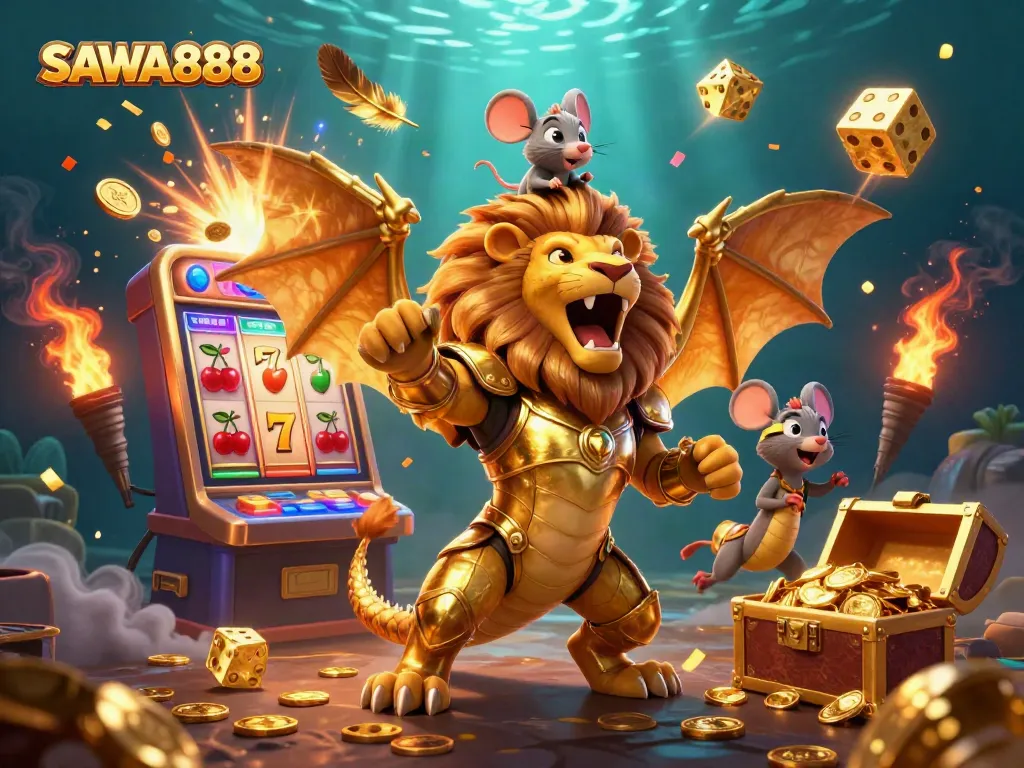 SAWA888 jackpot scene with roaring chimera, slot machines, and dazzling casino elements.