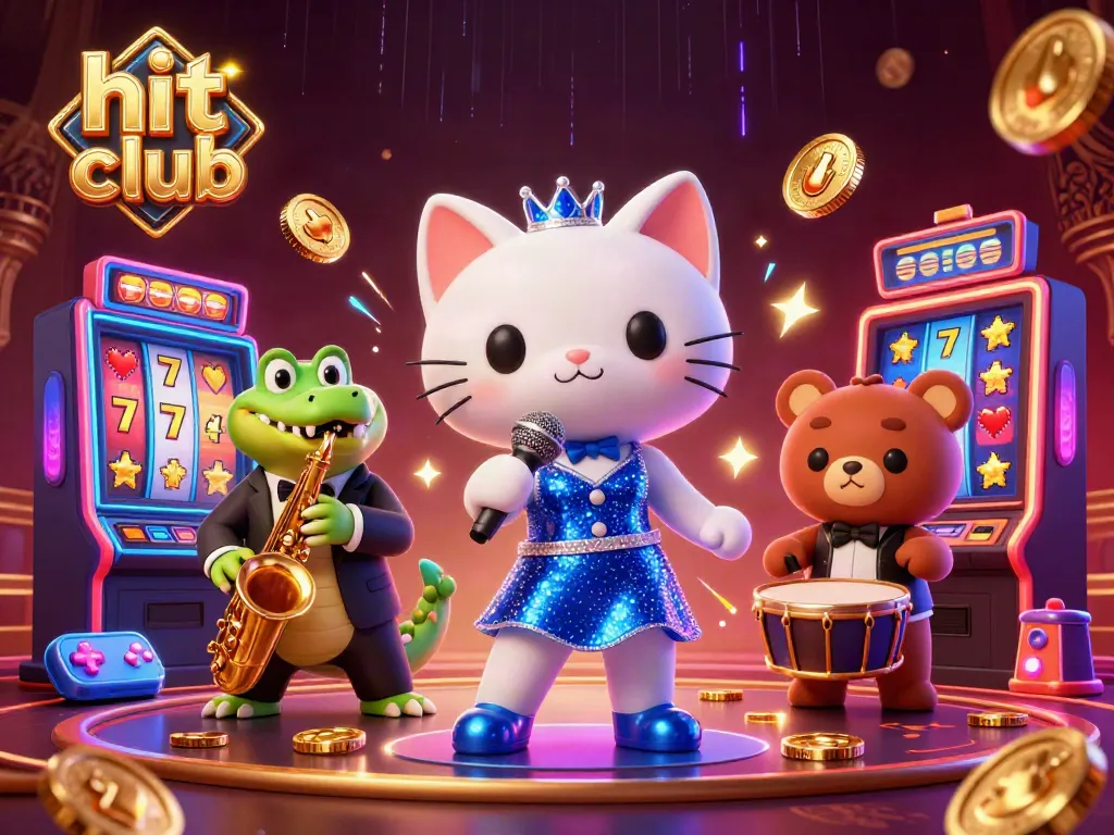 Hit club featuring a vibrant 3D illustration of whimsical characters amidst exciting casino games.