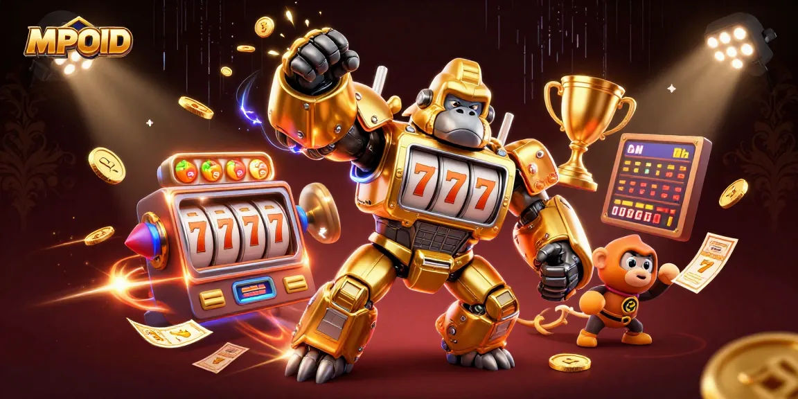MPOID showcases the thrilling action of a golden gorilla mech blasting coins from a jackpot slot machine.