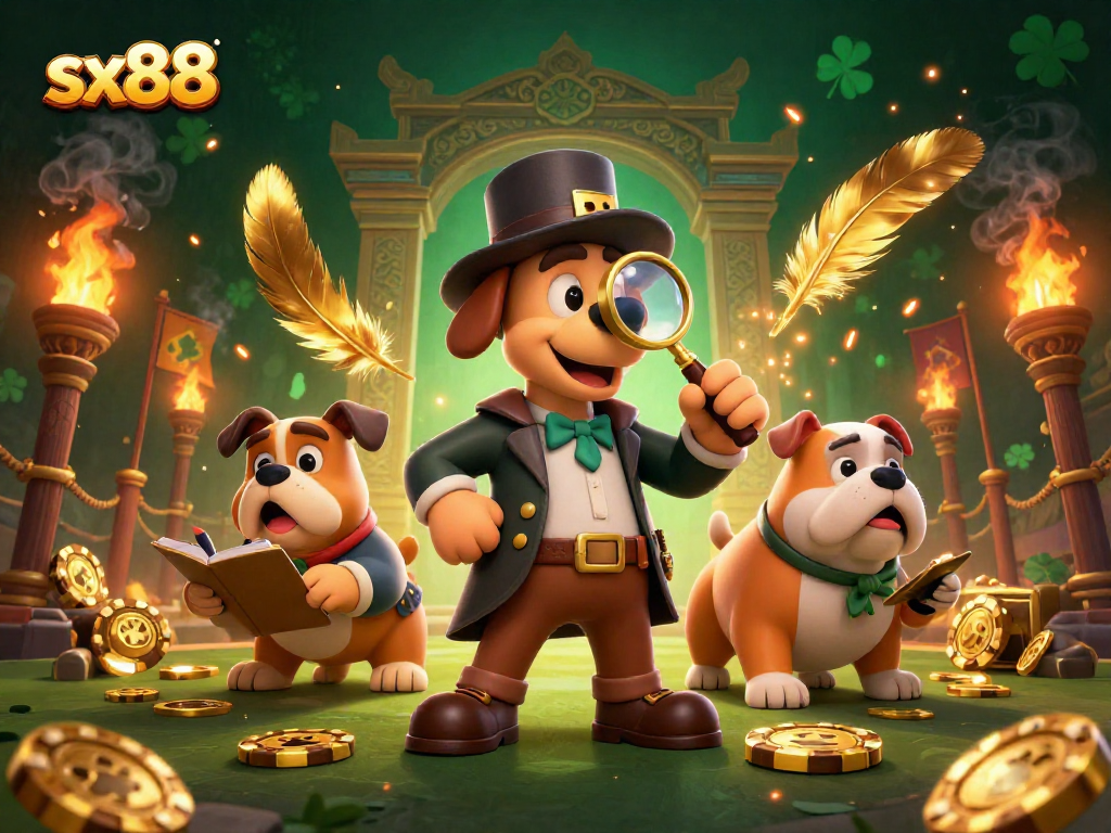 SX88 players strategizing with golden poker chips, revealing clues in a vibrant casino scene