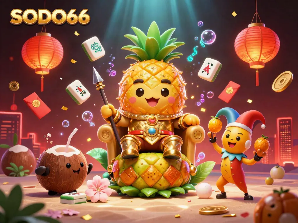 SODO66 captures the excitement of gaming with a vibrant beach casino scene featuring fun characters and rich decorations.