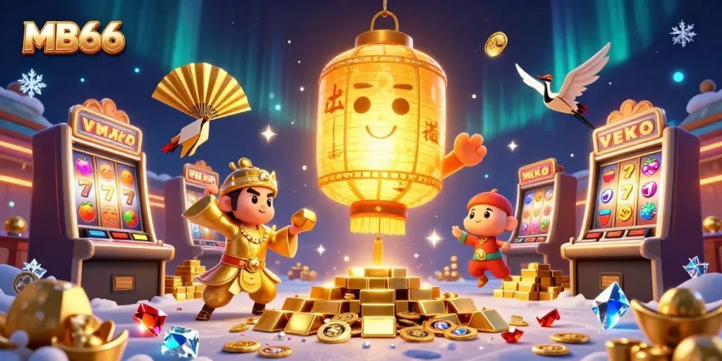 Engage with the vibrant MB66 casino ambiance showcasing a golden lantern spirit among slot machines.